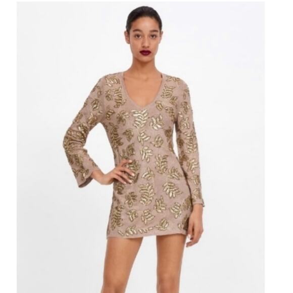 Zara Limited Edition Knit Mini Dress Gold Sequin Long Sleeve Knit Small - Picture 9 of 10